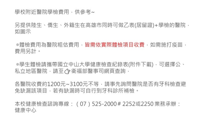 【公告】學校附近健檢醫院參考Recommended Hospitals Near the University for Health Examinations, Including the Health Examination for Residence Application (Form B)圖片